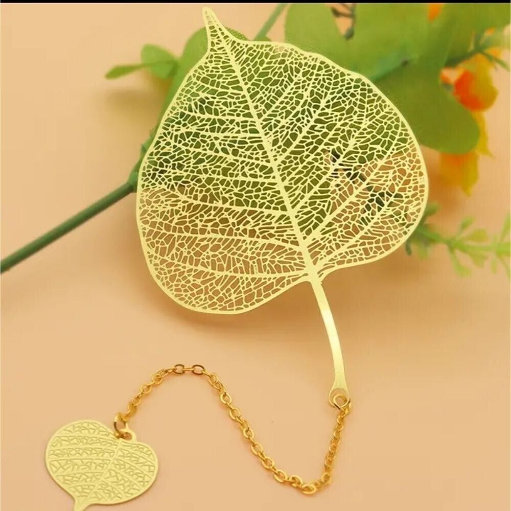 Gold filigree bookmark metal page holder mesh bodhi fossilized leaf